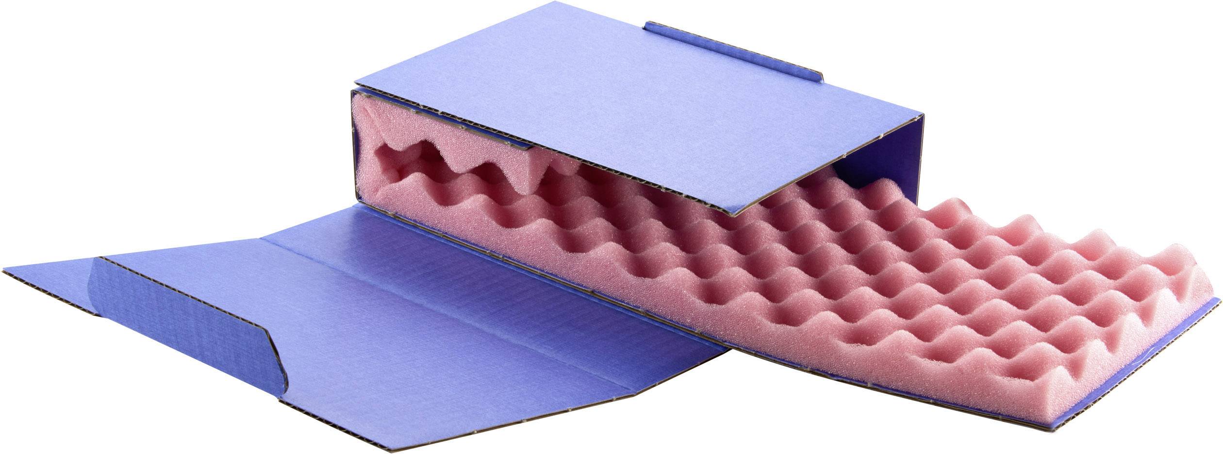 Blaue Verpackung mit rosafarbener, wellenförmiger Schaumeinlage. Geeignet zum sicheren Transport empfindlicher Gegenstände.