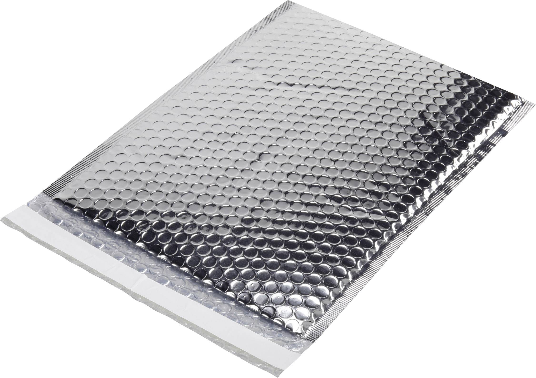 Eine silberne Luftpolstertasche mit schimmernder Oberfläche, verwendet zum sicheren Versand empfindlicher Gegenstände.