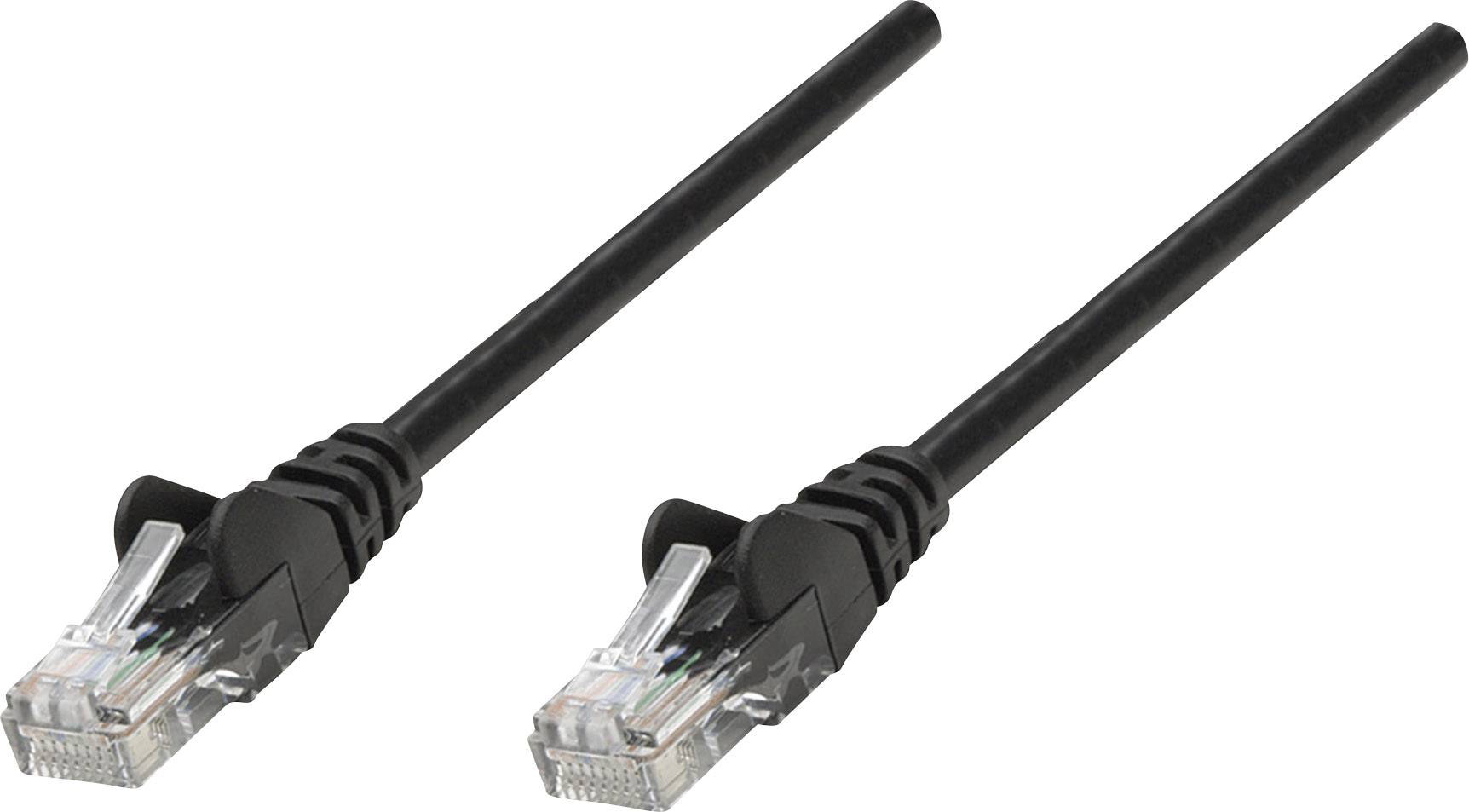 Zwei schwarze Ethernet-Kabel mit durchsichtigen Steckern auf weißem Hintergrund.