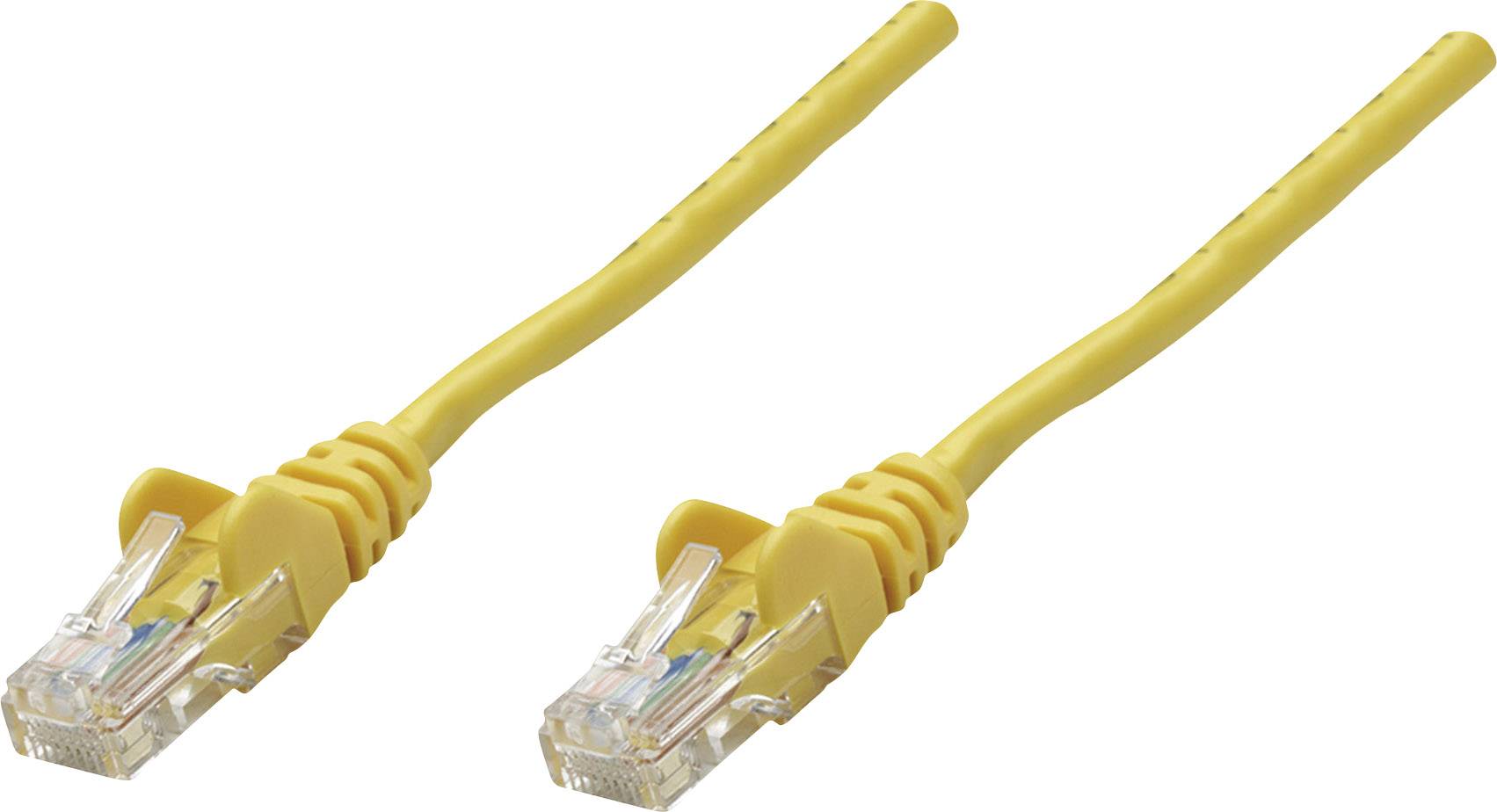 Zwei gelbe Ethernet-Kabel mit transparenten RJ45-Steckern an beiden Enden, für Netzwerkverbindungen verwendet.