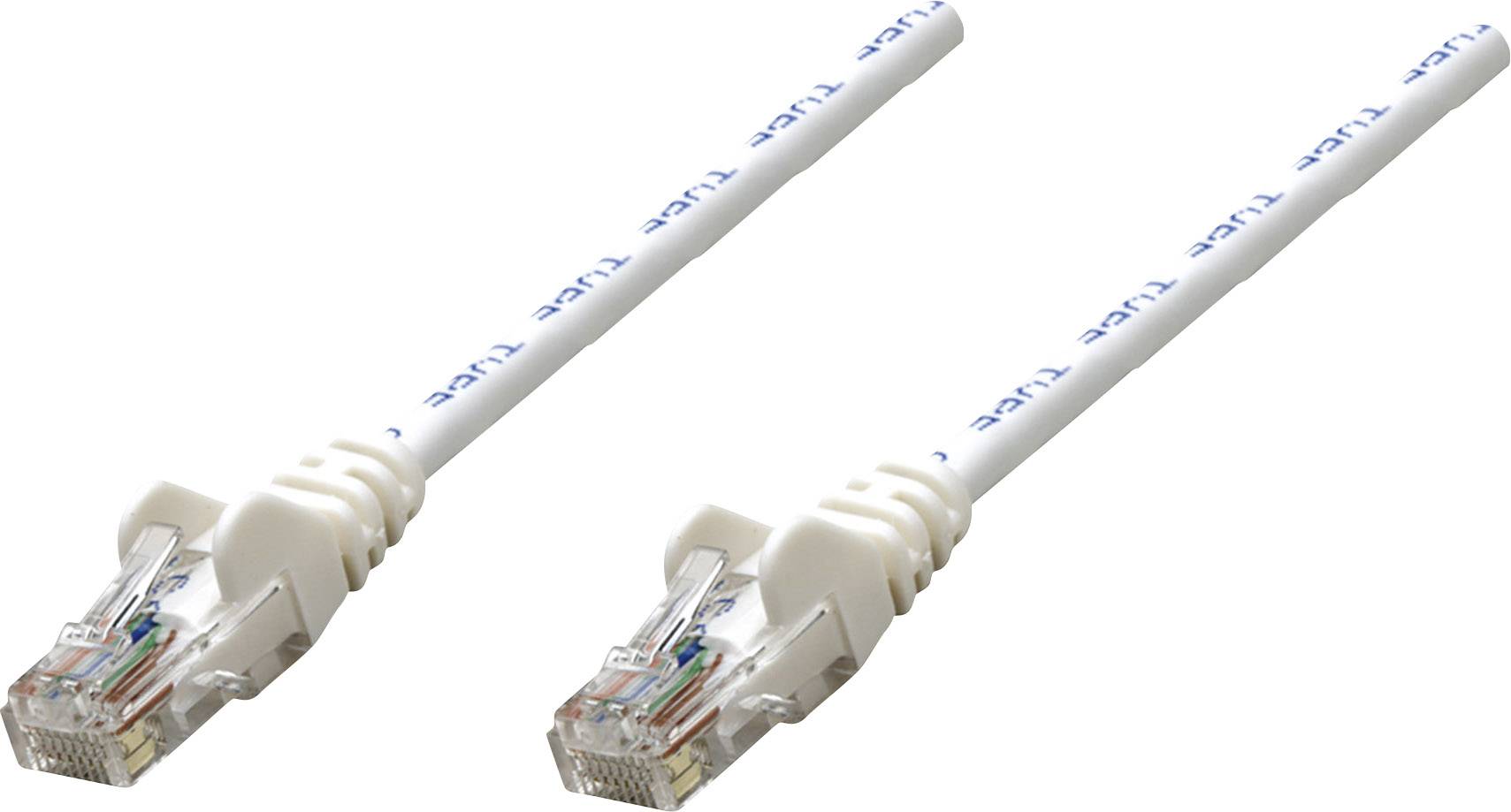 Zwei weiße Ethernet-Kabel mit RJ45-Steckern an beiden Enden für Netzwerkverbindungen.