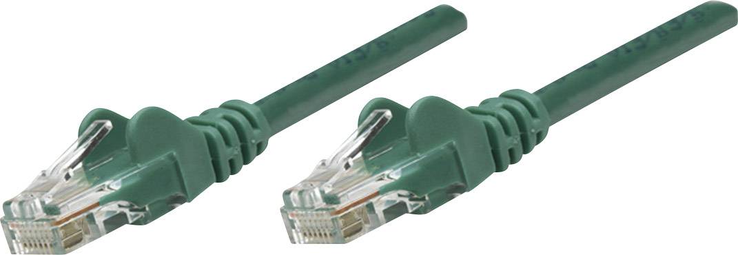 Zwei grüne Ethernet-Kabel mit transparenten Steckern, nebeneinander liegend.
