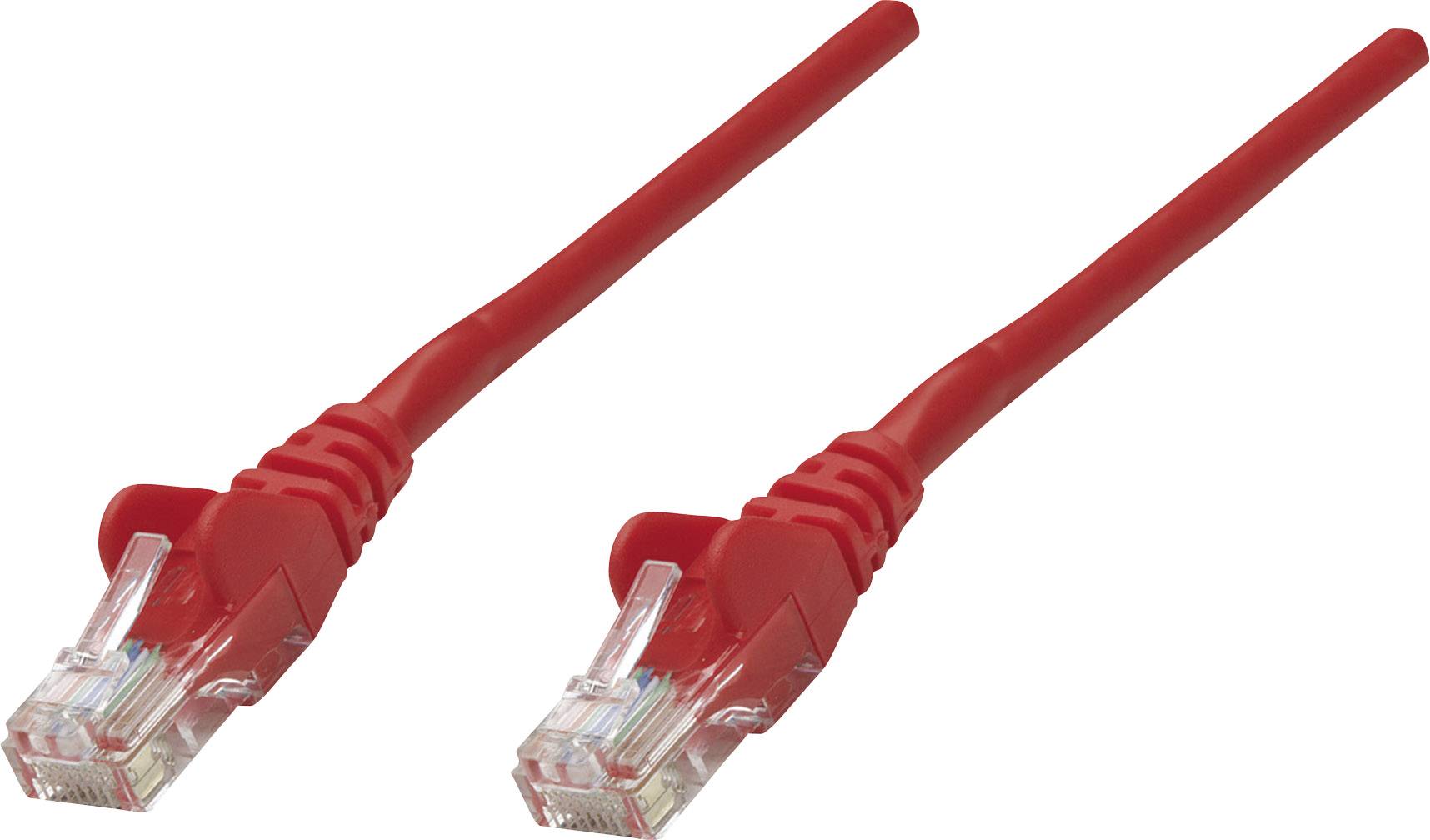 Zwei rote Netzwerkkabel mit RJ45-Steckern, die für Computer- und Internetverbindungen verwendet werden.