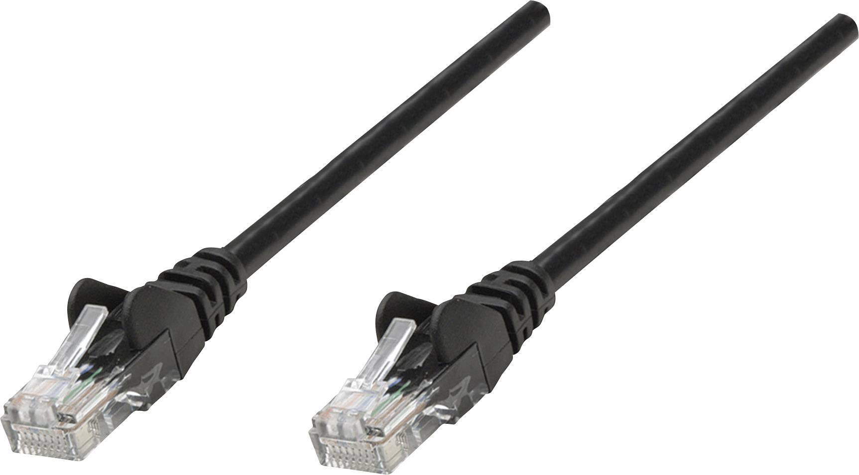 Zwei schwarze Ethernet-Kabel, jeweils mit einem RJ45-Stecker, nebeneinander auf weißem Hintergrund.