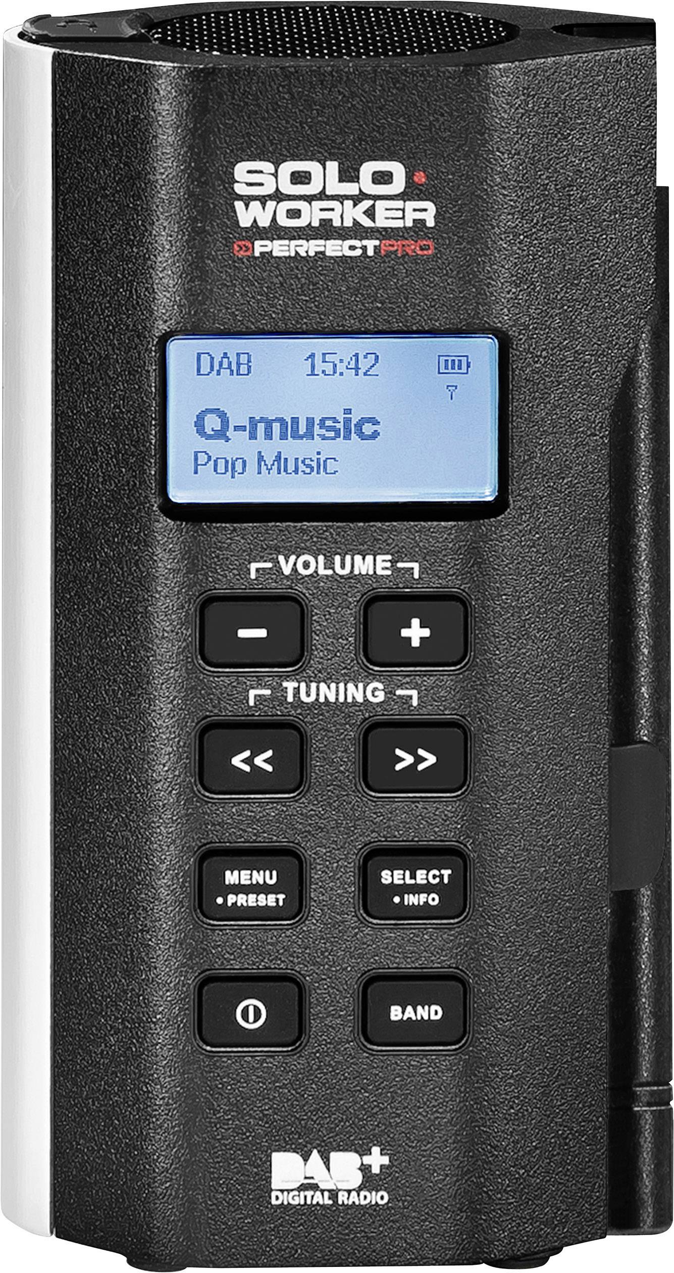 PerfectPro Soloworker DAB+ Baustellenradio DAB+, UKW AUX wiederaufladbar, stoßfest, spritzwassergeschützt, staubdicht Schwarz