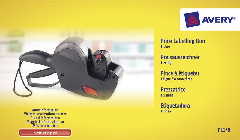 Etikettiergerät für Preisauszeichnung, 1-zeilig, Marke Avery, Abbildung zeigt das Gerät von der Seite auf gelbem Hintergrund.