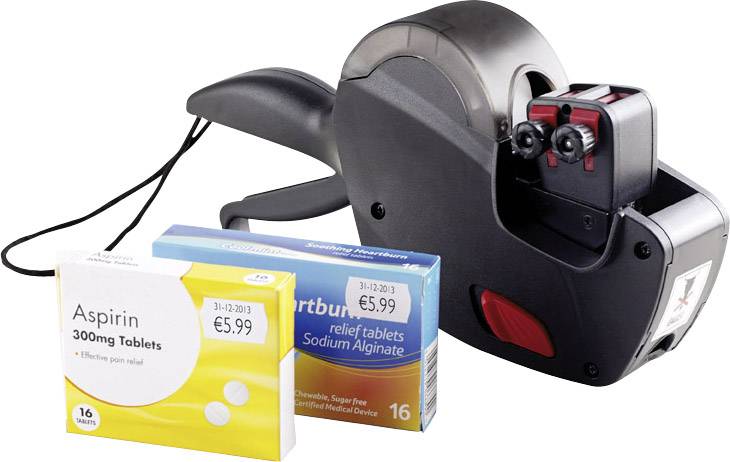 Preisauszeichner neben Schachteln Aspirin und Antazida mit Preisschildern.