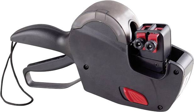 Ein schwarzer und roter Preisauszeichner mit Griff und Band, verwendet zum Anbringen von Preisetiketten auf Produkten im Einzelhandel.