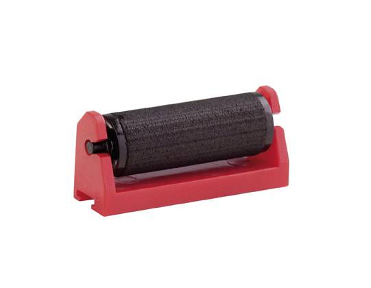 Roter Kunststoffrahmen mit schwarzer Tintenrolle, vermutlich für den Einsatz in Druckgeräten oder Beschriftungsmaschinen.