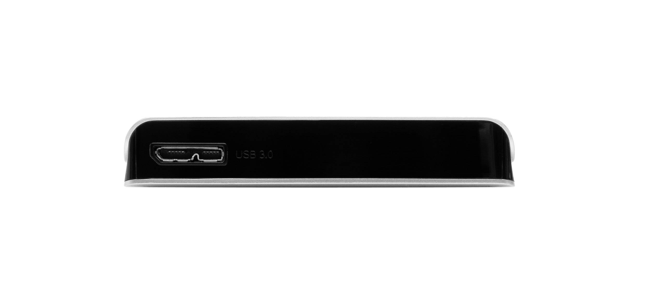 Externe Festplatte, seitliche Ansicht mit USB 3.0-Anschluss sichtbar. Schwarz-weißes Gehäusedesign.