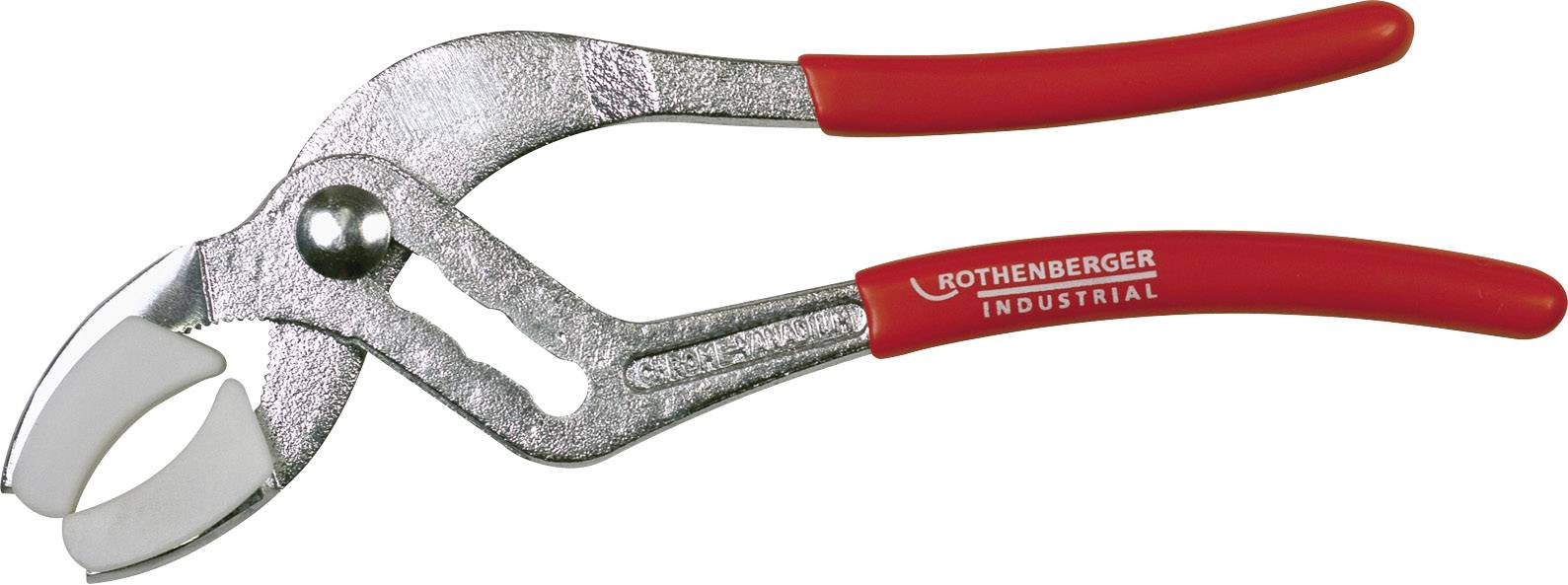 Zange mit roten Griffen, geeignet für das Greifen von Rohren. Markenname 'Rothenberger Industrial' auf dem Griff.