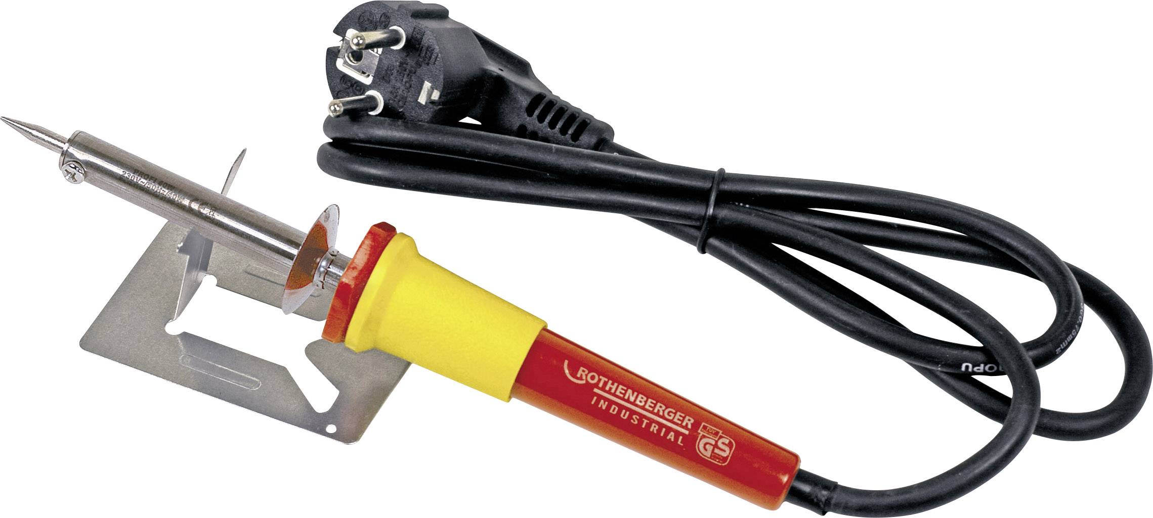 Lötkolben mit rotem Griff und gelber Spitze, angeschlossen an schwarzes Kabel mit Stecker; eignet sich zum Löten von Metallen.
