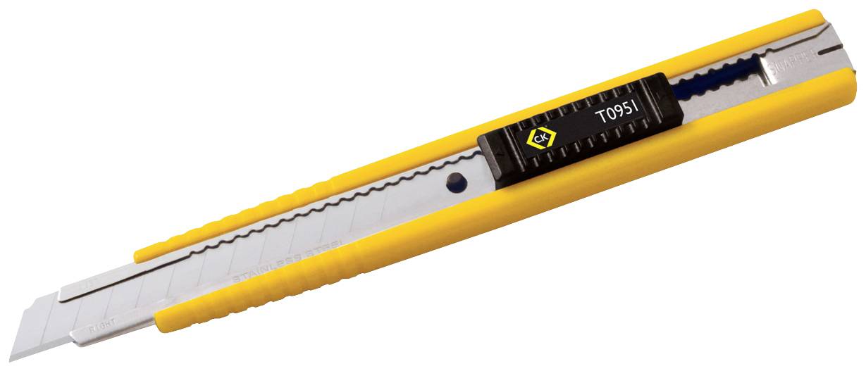 Gelbes Universalmesser mit ausziehbarer, scharfer Klinge und schwarz-gelbem Griff, geeignet zum Schneiden unterschiedlicher Materialien.