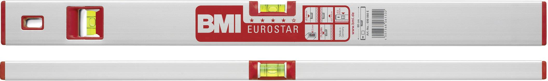 Wasserwaage mit rotem 'BMI Eurostar'-Logo, zwei Libellen zur Nivellierung.
