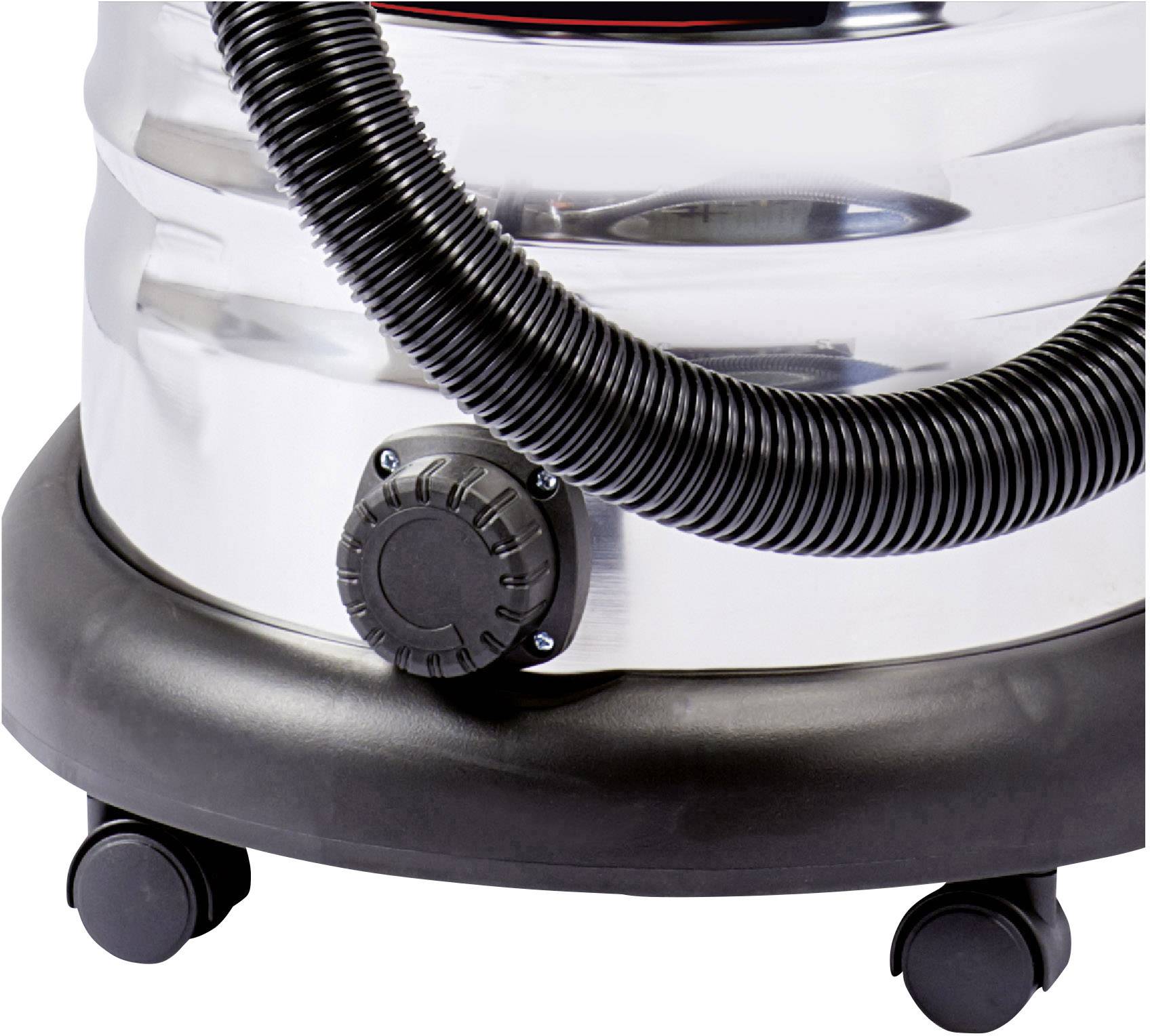 Nahaufnahme eines robusten Industriestaubsaugers mit Metallgehäuse, flexiblem Schlauch und Rollen für einfache Mobilität.
