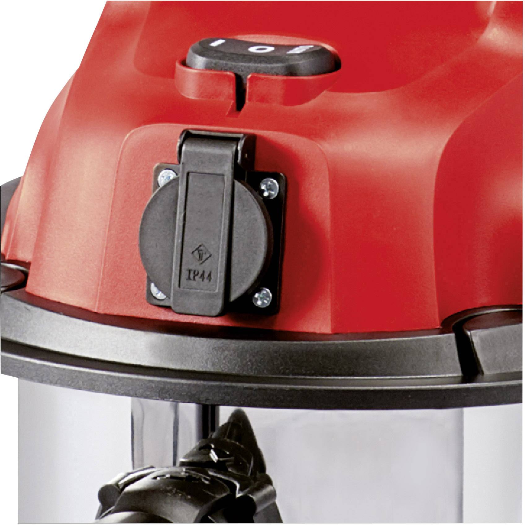 Ein roter Staubsaugerkopf mit schwarzem Ein-/Ausschalter und IP44-Kennzeichnung auf silbernem Metallbehälter.