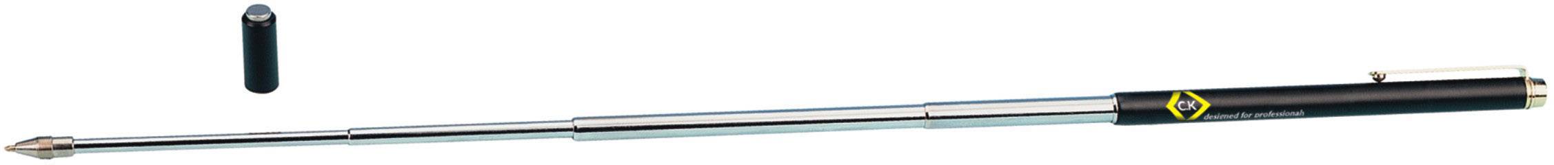 Ein schwarzer teleskopischer Wanderstock mit einem gelben Logo. Daneben liegt ein kleiner, abnehmbarer Gummipuffer.