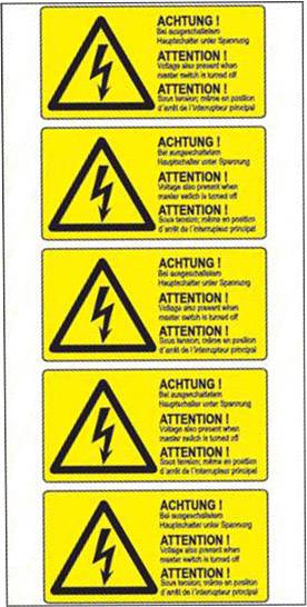 Warn-Kombischild Bei ausgeschaltetem Hauptschalter unter Spannung Folie selbstklebend (B x H) 74mm x 37mm 5St.