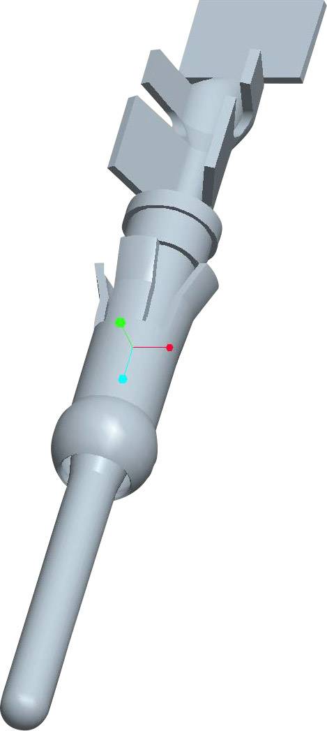 3D-Darstellung eines medizinischen Instruments mit langer Spitze, mehreren Griffen und einem Koordinatensystem zur Ausrichtung.