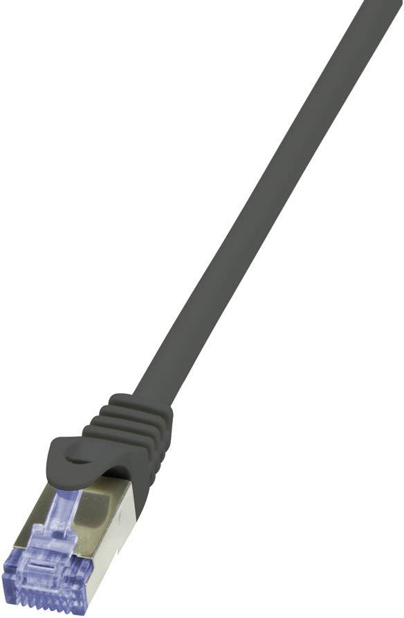 Ein graues Ethernet-Kabel mit einem RJ45-Stecker am Ende, auf einem weißen Hintergrund. Es dient zur Netzwerkverbindung.