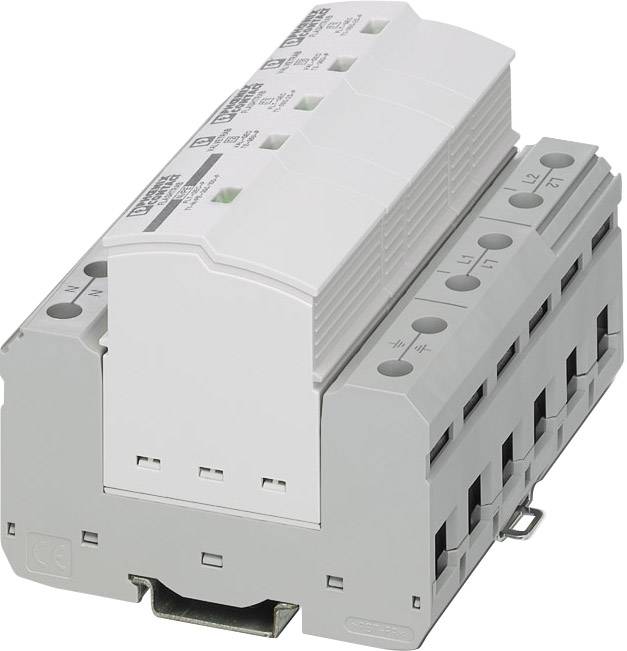 Eine weiße elektrische Vorrichtung mit mehreren Anschlüssen und einem grauen Gehäuse, vermutlich ein Schutzmodul oder Verteilerblock.