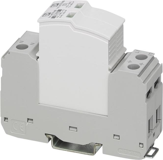 Ein graues Hutschienenmodul für elektrische Installationen, mit zwei Steckkontakten oben und CE-Kennzeichnung unten links.