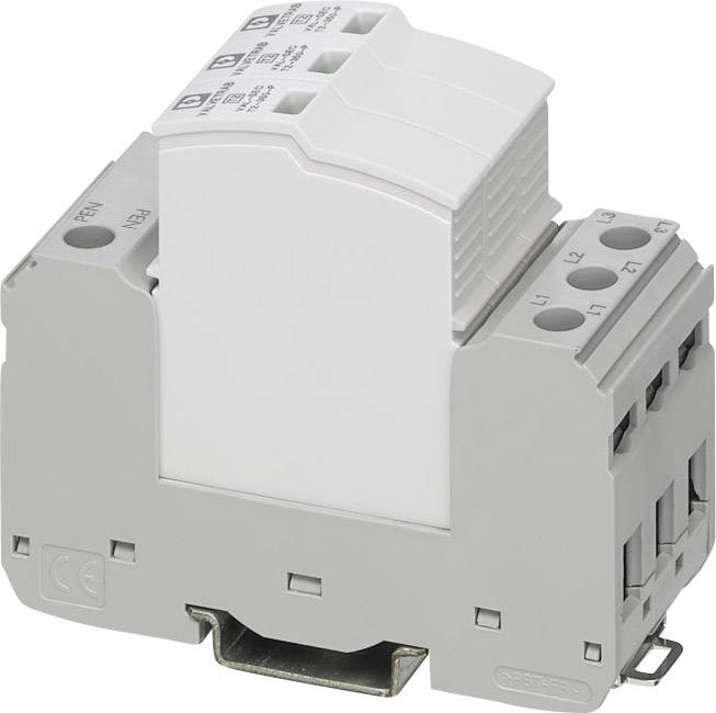 Ein grauer elektrotechnischer Schalter, montierbar auf einer DIN-Schiene, mit mehreren Anschlussklemmen, geeignet für industrielle Anwendungen.