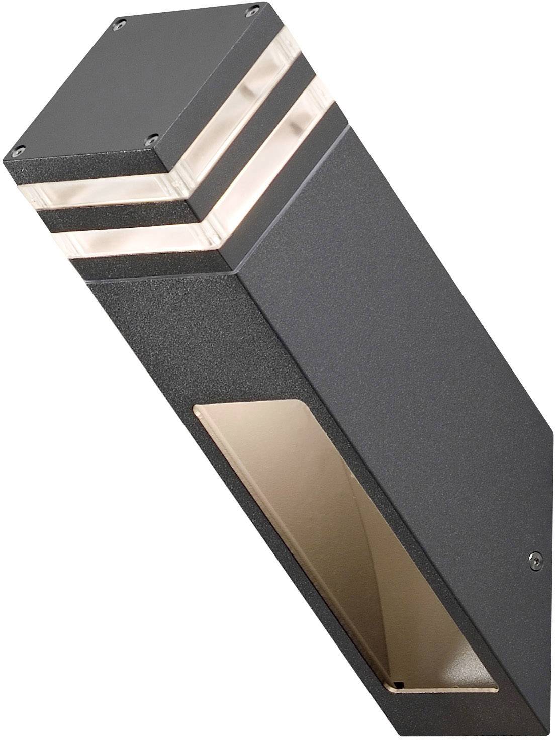 Schwarze, rechteckige Außenleuchte in modernem Design mit zwei Lichtstreifen am oberen Rand. Sie erzeugt indirektes Licht.