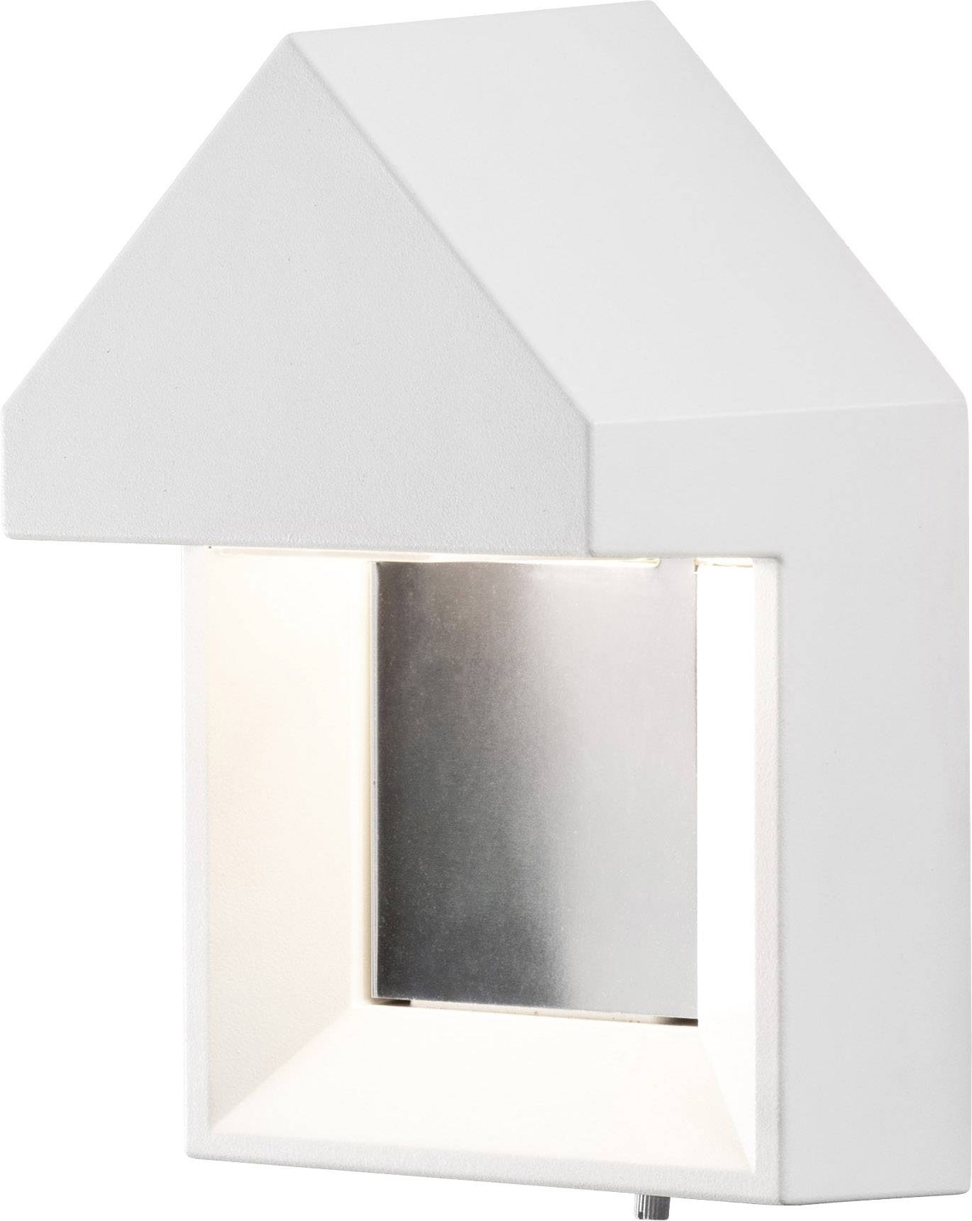 Weiße, eckige Wandleuchte mit geometrischem Design und abgewinkeltem Schirm.