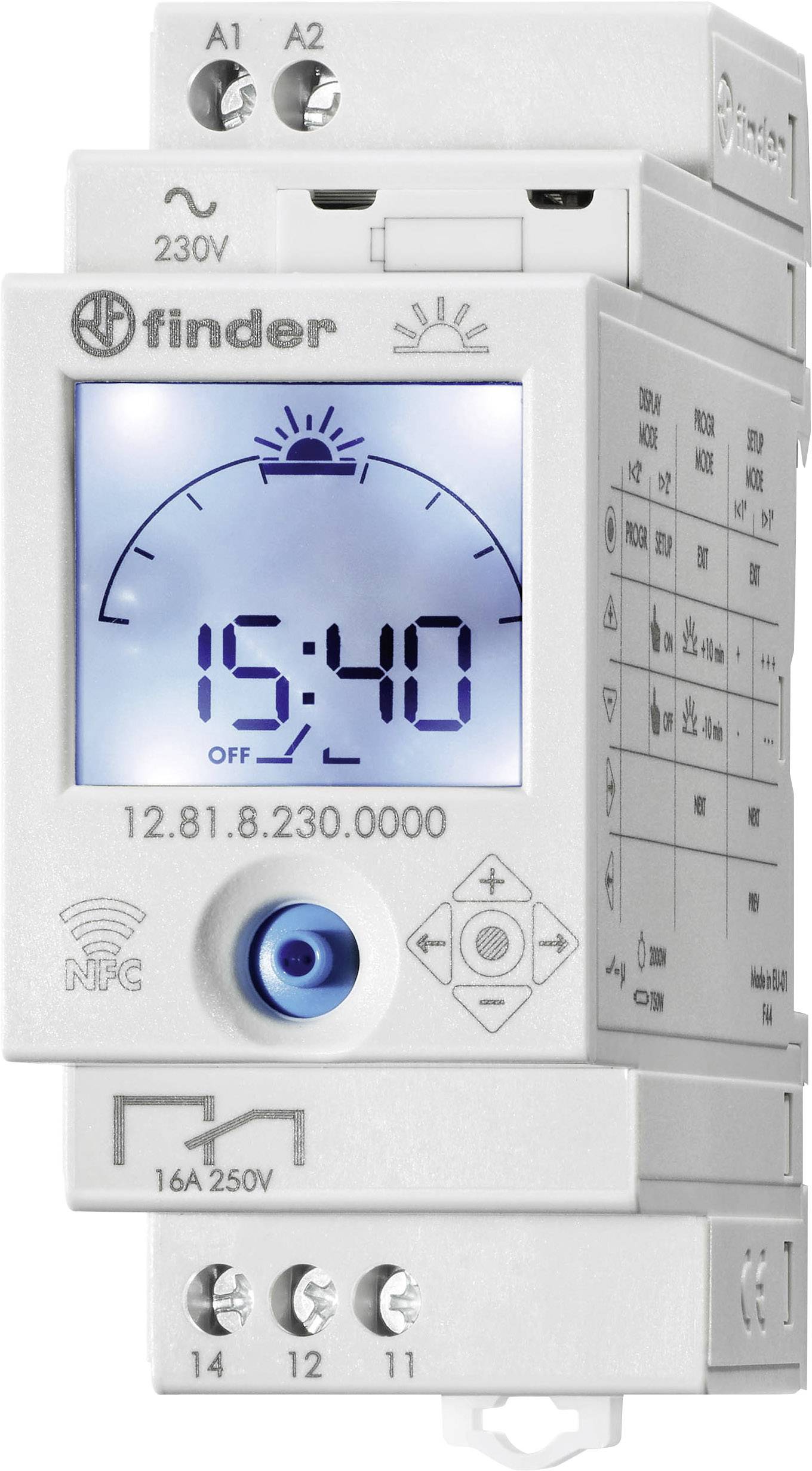 Digitaler Zeitschalter mit LCD-Anzeige, zeigt die Uhrzeit 15:40 an. Oberhalb der Anzeige sind Symbole für elektrische Funktionen sichtbar.