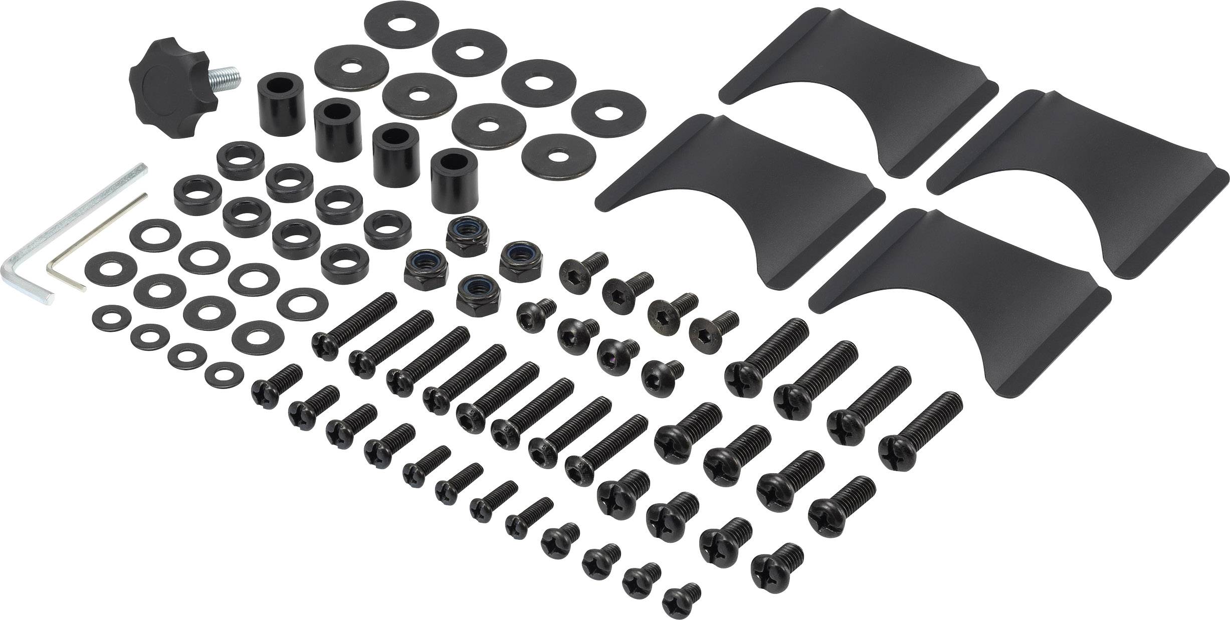 Schraubenset mit verschiedenen Muttern, Unterlegscheiben und Halterungen in schwarzem Metall, aufgereiht auf einer weißen Fläche.