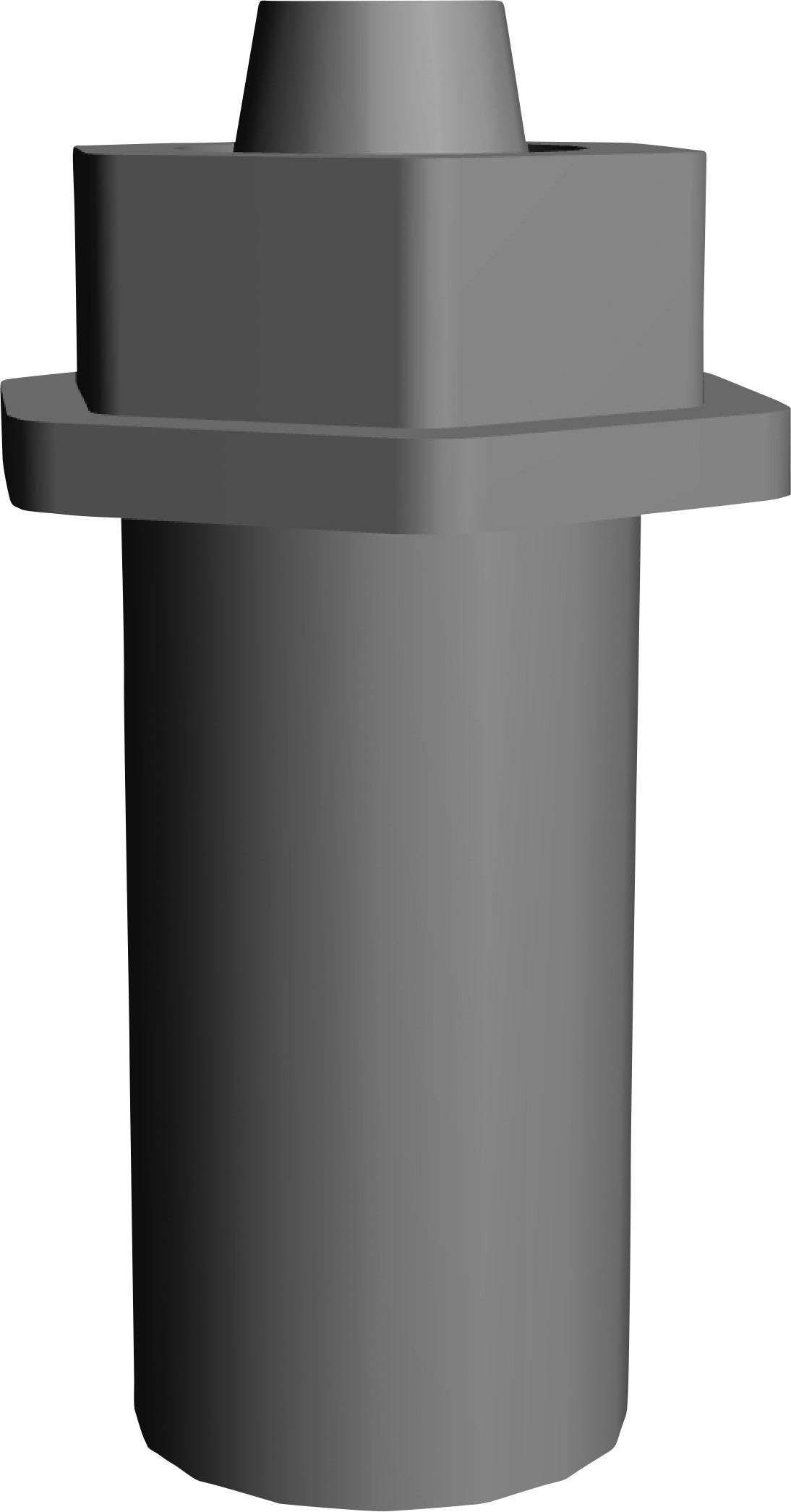 Graues, zylindrisches Bauteil mit quadratischem Aufsatz und einer Verjüngung oben. Möglicherweise ein technisches Modell.