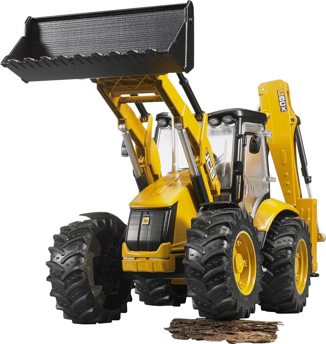 Gelber Bagger mit großer Schaufel hebt Erde an. Schwarze Reifen, gelber Rahmen. Einsatz auf einer Baustelle; deutliche Baustellengeräte.