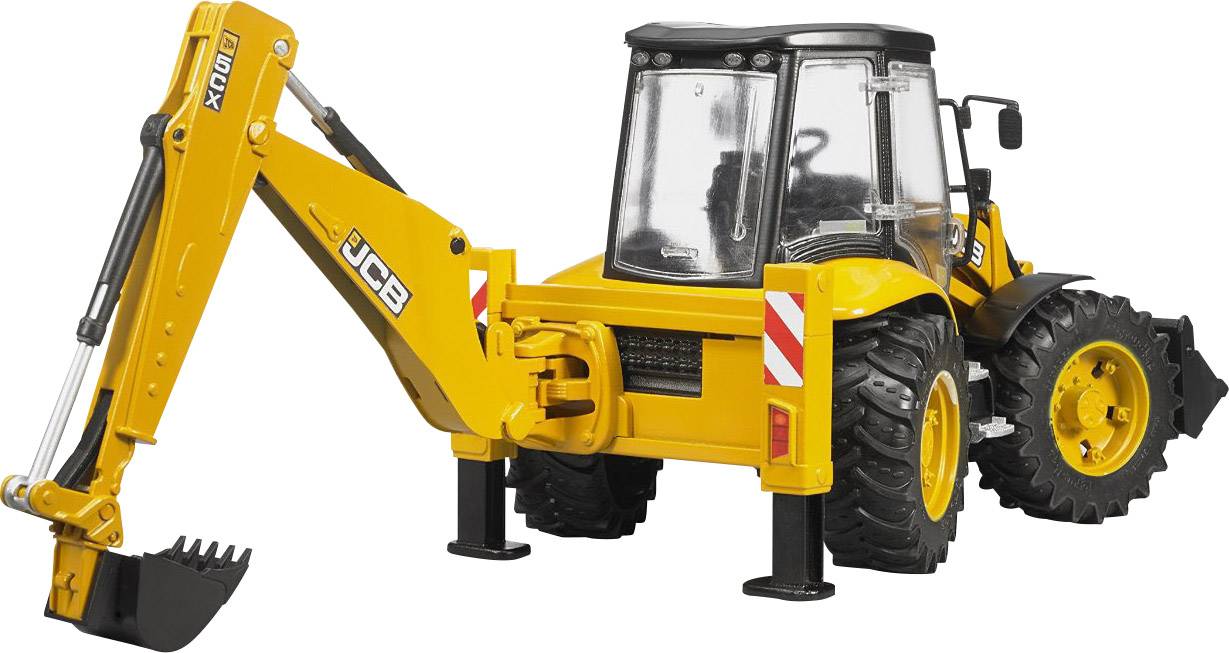 Ein gelber Bagger mit ausgefahrenem Arm steht auf einer ebenen Fläche. Das Fahrzeug hat große, profilierte Reifen und eine verglaste Fahrerkabine.