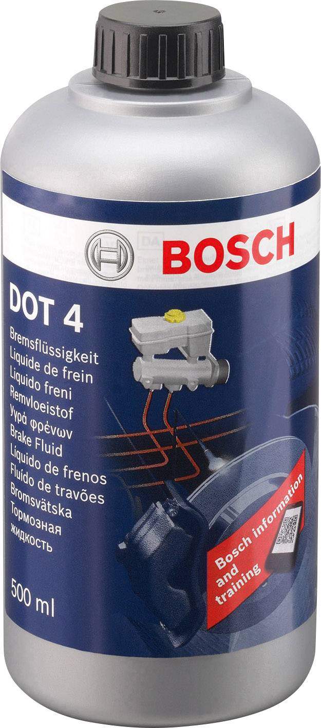 Flasche mit 500 ml Bremsflüssigkeit DOT 4 von Bosch, geeignet für Fahrzeuge. Enthält Spezifikationen und Herstellerinformationen.