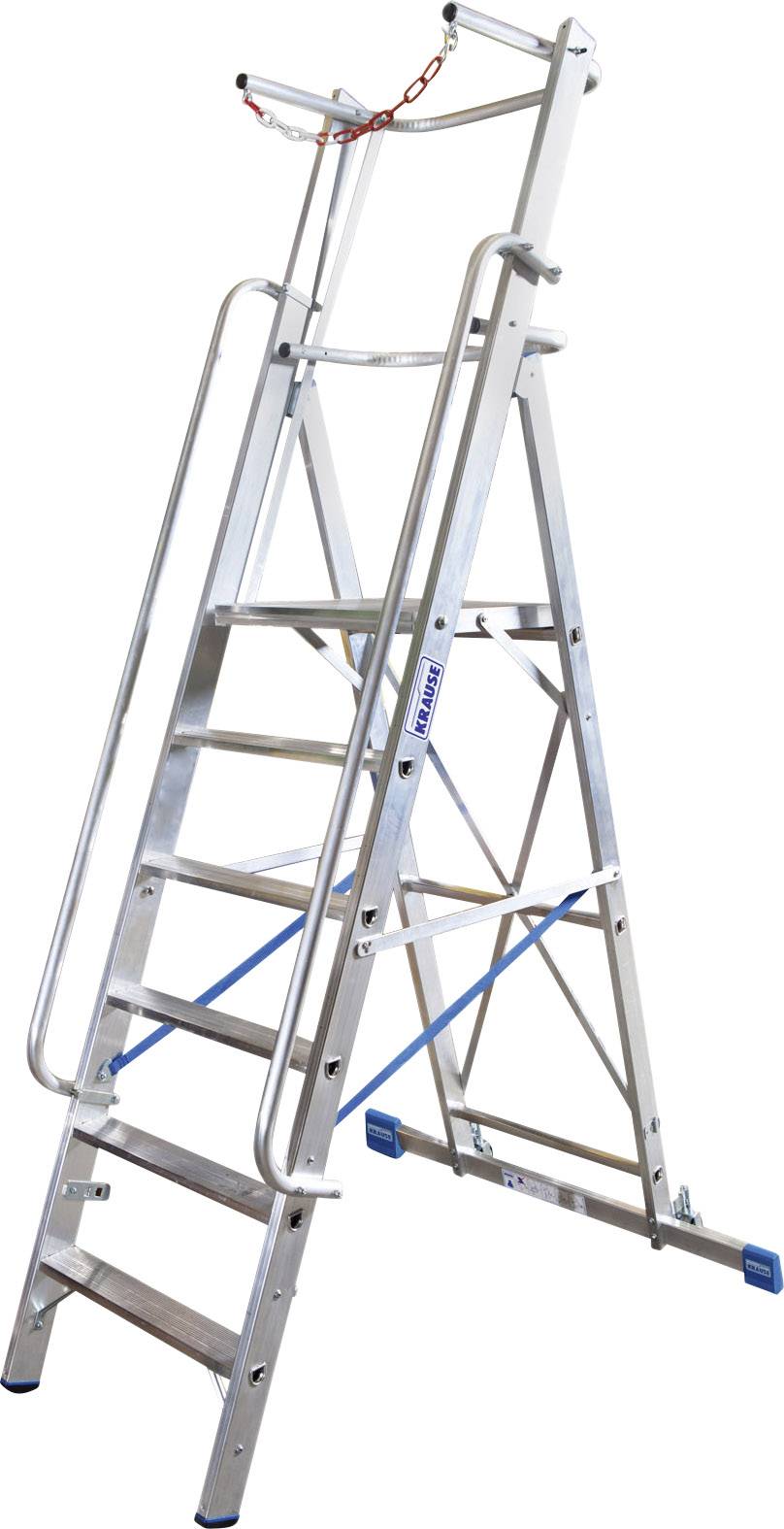 Eine stabile, silberne Aluminiumleiter mit Haltegriffen und Sicherheitskette, geeignet für den Einsatz in Bau- und Wartungsarbeiten.