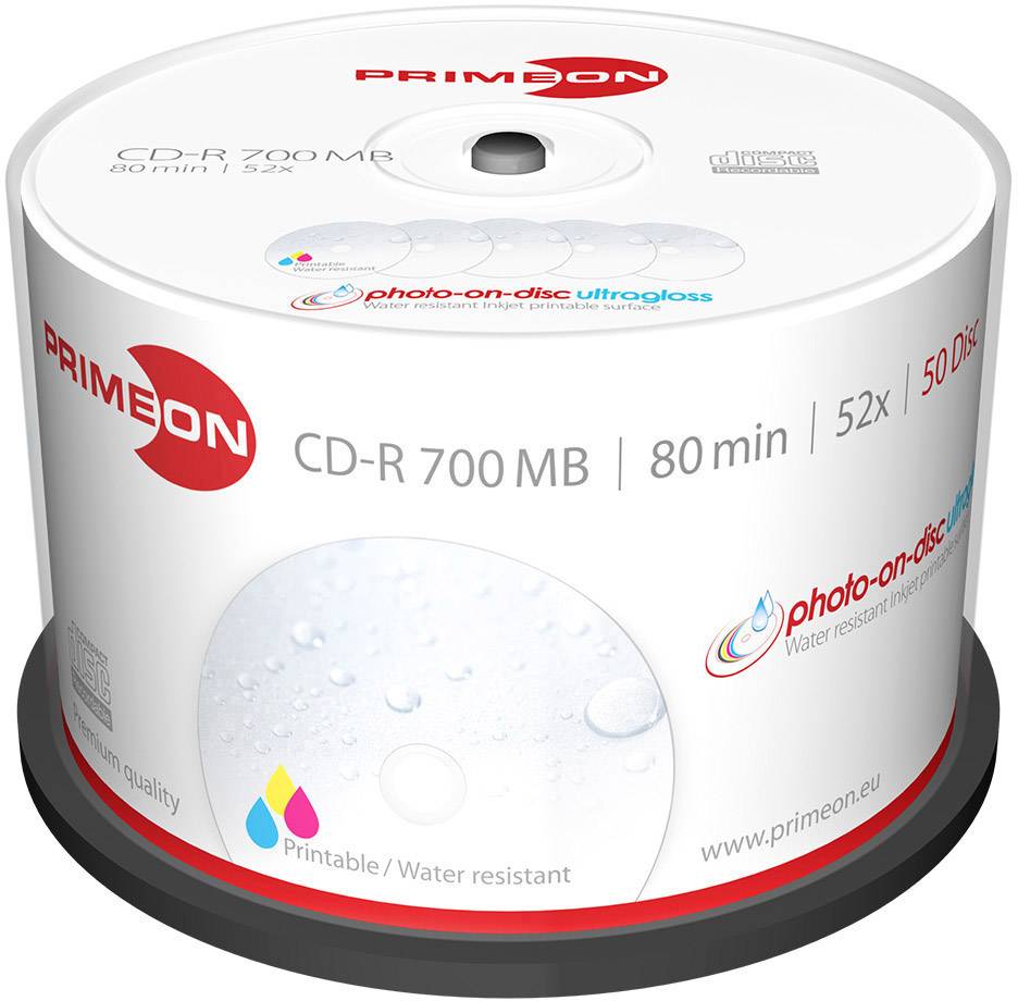 Primeon 2761109 CD-R 80 Rohling 700 MB 50 St. Spindel Bedruckbar, Hochglanz Oberfläche, Wasserfest