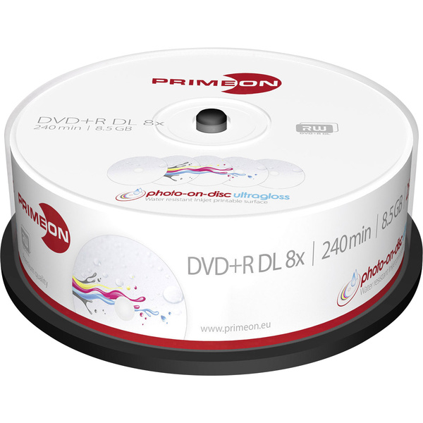 Primeon 2761253 DVD+R DL Rohling 8.5 GB 25 St. Spindel Bedruckbar, Hochglanz Oberfläche, Wasserfest, Wischfest