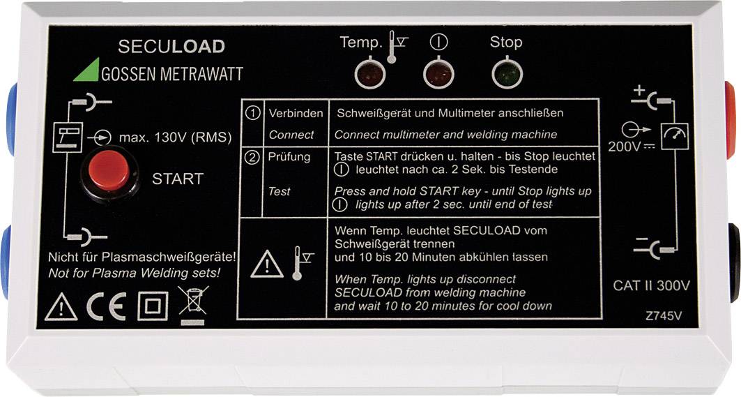 'Secuload'-Gerät mit Tasten und Anzeigen für Temperatur, Leistung und Stop. Geeignet für Schweißgeräte. Warnung: Nicht für Plasmageräte.