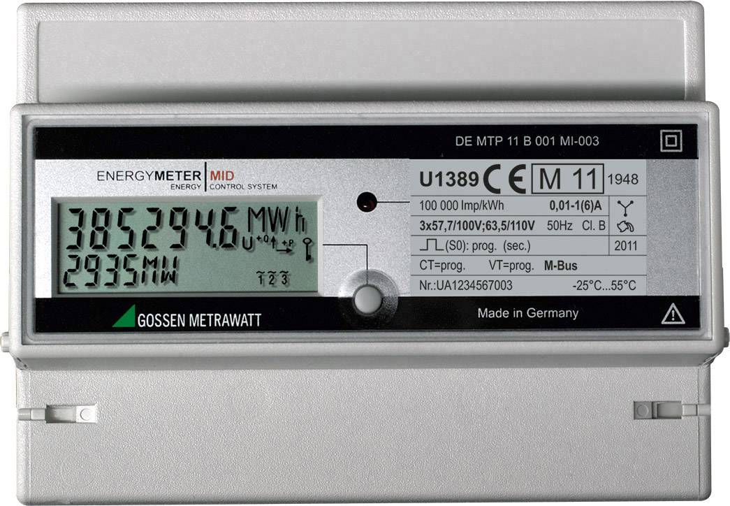 Zähler mit Anzeige von 3852946 kWh und 2935 MW. Bezeichnung 'Gossen Metrawatt'. Made in Germany.