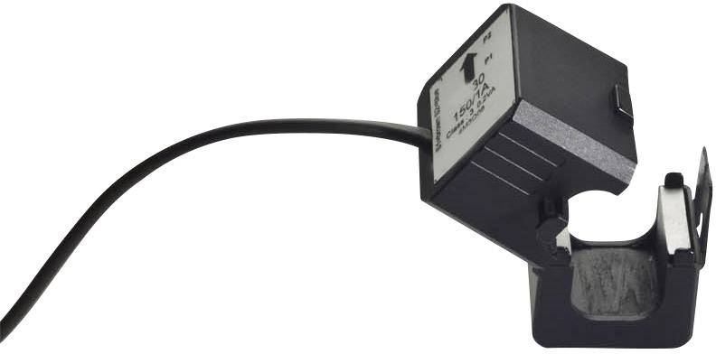 Ein schwarzer elektrischer Sensor mit einem Kabel und quadratischer Form, wahrscheinlich ein Stromwandler, auf weißem Hintergrund.