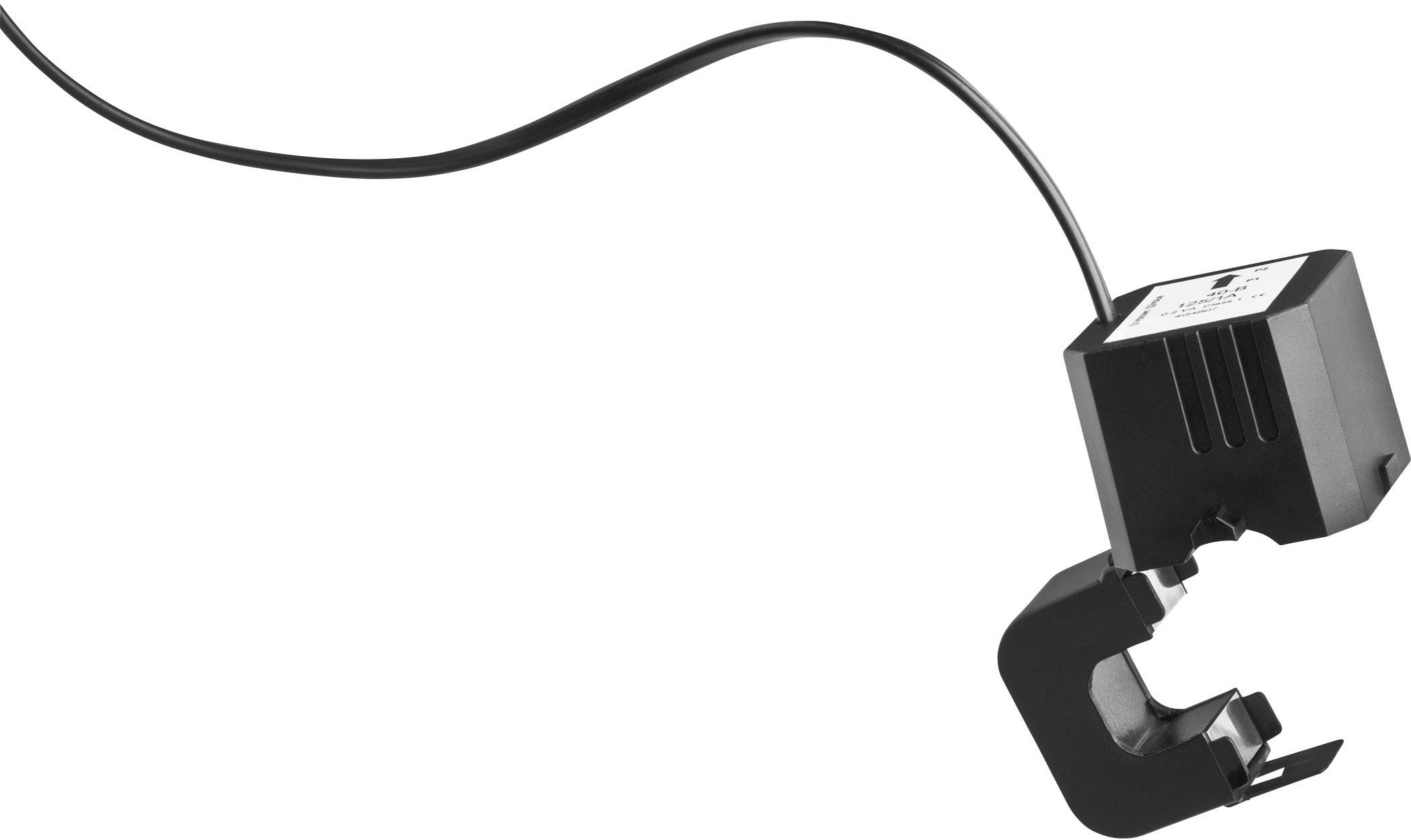 Ein schwarzer Stromwandler mit offenem Clip und Kabel zur Messung des elektrischen Stroms in einem Draht.