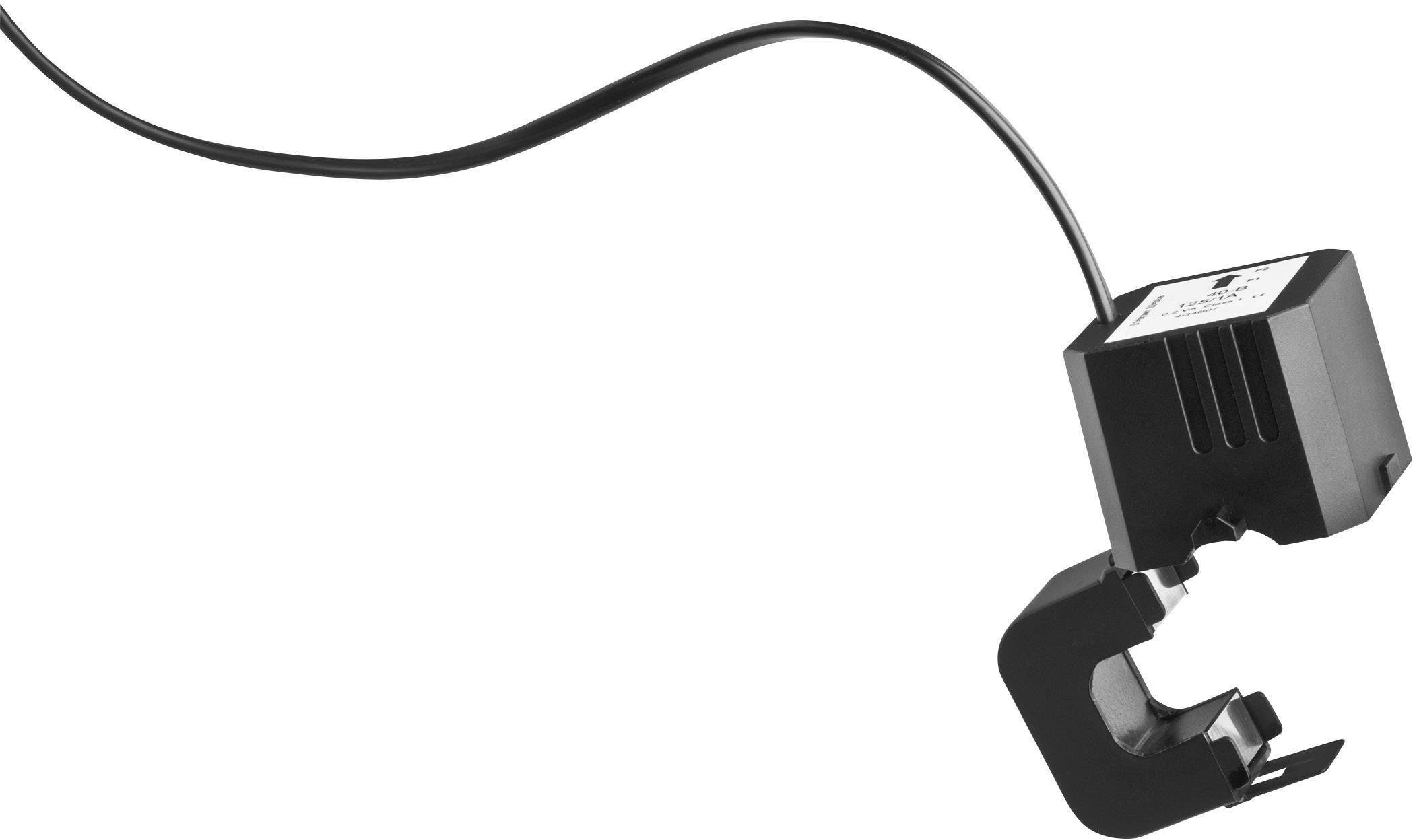 Stromsensor mit Kabel zur Energieüberwachung, offene Klemmöffnung zur Befestigung an einem Draht, Gehäuse quadratisch.