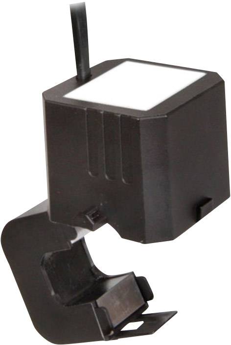 Schwarzer Sensor mit quadratischer Oberseite und Kabel; geeignet zur Strommessung durch Klemmen um ein Kabel.