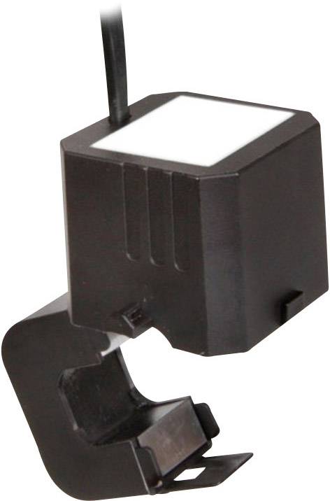 Ein schwarzer elektrischer Sensor mit rechteckiger Form und Kabelanschluss, der vermutlich zur Strommessung an einem Kabel eingesetzt wird.