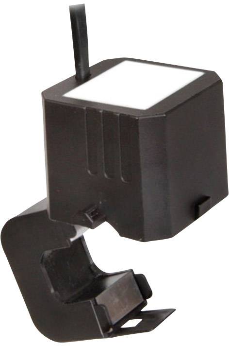 Ein schwarzer elektrischer Stromsensor in quadratischer Form mit angeschlossenem Kabel, vor weißem Hintergrund.