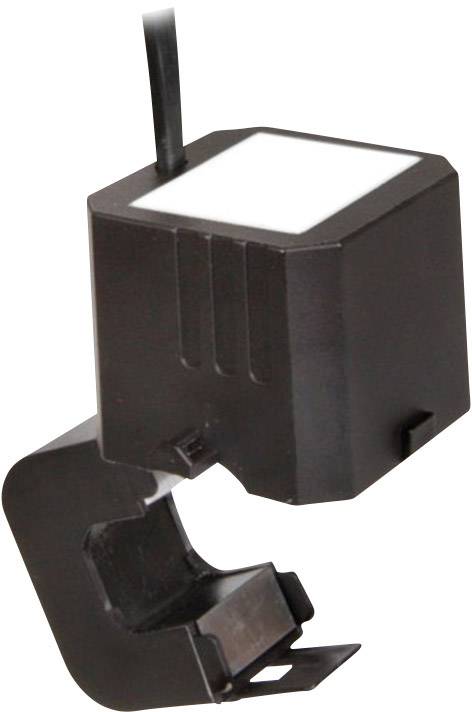 Ein schwarzer Stromsensor mit einem rechteckigen Gehäuse und einer offenen Klemme, geeignet zur Erfassung von elektrischen Strömen.