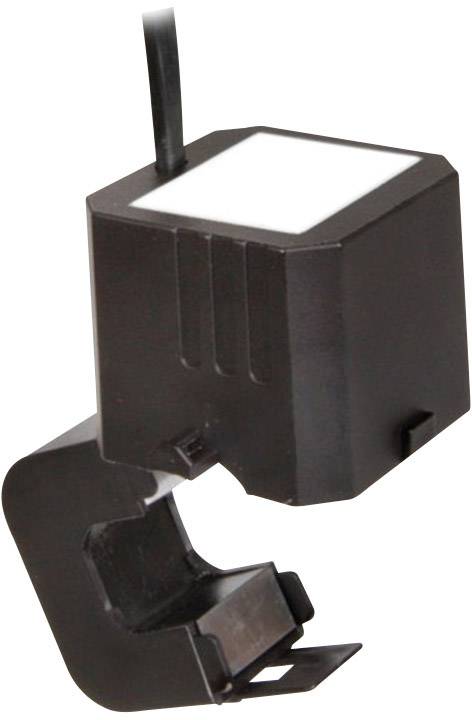 Das Bild zeigt einen schwarzen Stromsensor mit einem offenen Clip-Design, das Kabel oben angeschlossen.