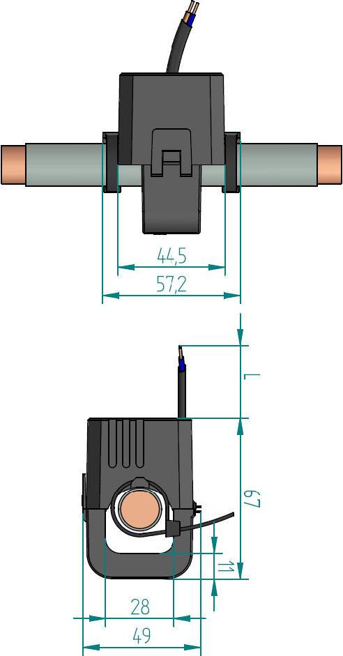 Technische Zeichnung eines elektronischen Geräts mit Maßen. Oben: Breite 57,2mm, Höhe 44,5mm. Unten: Breite 49mm, Höhe 47mm.
