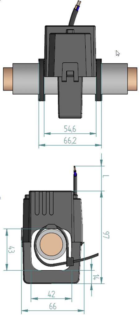 Technische Zeichnung einer Pumpe mit Maßen: Breite 66,2 mm, Höhe 97 mm. Zeigt Vorder- und Seitenansicht mit Anschlussrohren.